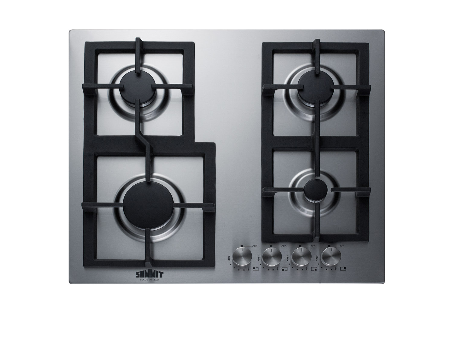 4-burner gas cooktop made in Italy with sealed burners, multiple heating outputs, a 304 grade stainless steel surface, and continuous cast iron grates for added durability
